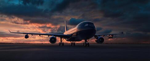 The airplane poised majestically against a vibrant sunset sky. photo