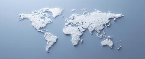 The three-dimensional world map showcasing continents in textured white design. photo