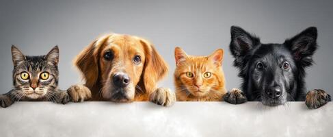 The adorable cats and dogs peering over a surface, showcasing their playful personalities. photo