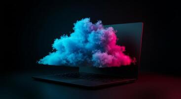 Cloud computing concept with laptop on dark background photo