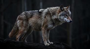 A lone wolf stands on a rock in the dark photo