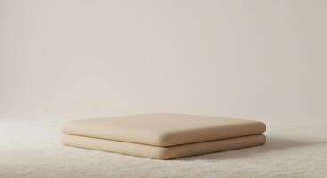 A pair of beige ottomans on a white rug photo