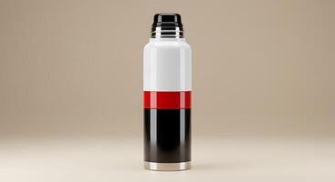 A black and white water bottle with red and white stripes photo