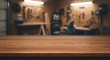 Wooden table top in a workshop with tools photo