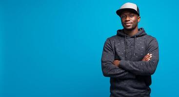 A man in a hoodie and cap standing against a blue background photo
