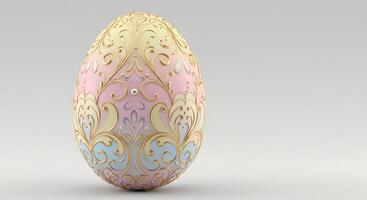 A golden egg with a pink and blue design photo