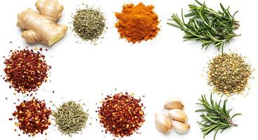 Spices and herbs arranged in a circle on a white background photo