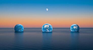 Three eggs floating in the ocean with the earth in the middle photo