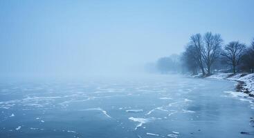 A frozen lake with trees and a foggy sky photo