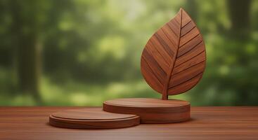 A wooden trophy with a leaf on top photo