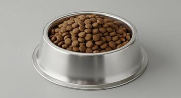 A bowl of dog food is shown on a gray surface photo