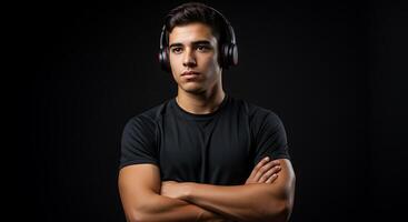 Portrait of a young man with headphones on black background photo