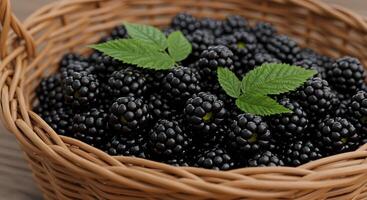 Blackberries in a basket on a wooden table photo