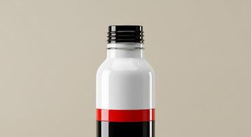 A bottle with a red and black stripe photo