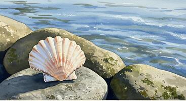 A watercolor painting of a shell on rocks photo