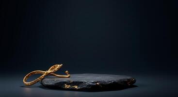 A gold snake on a black stone photo