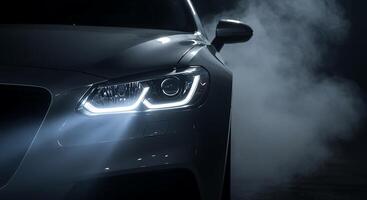 A car with fog coming out of the headlights photo