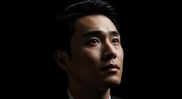 A man in a suit and tie looking up photo