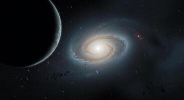 An artist's impression of a spiral galaxy and a planet photo