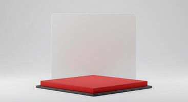 A red and white display stand with a white board photo
