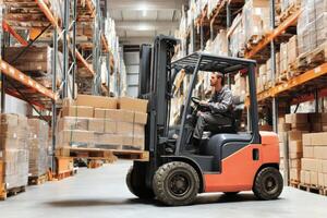 Forklift Operator Safely Moving Pallets of Boxes Inside a Large Distribution Warehouse Facility photo