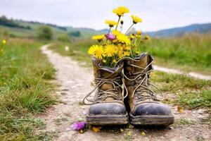 The Old Hiking Boots An Artistic Display Of Nature's Beauty Along Dirt Trail photo