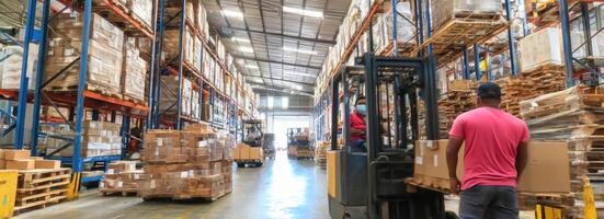 Forklift Loading Boxes Inside Warehouse Logistics and Distribution Activities with Racks Full of Goods photo