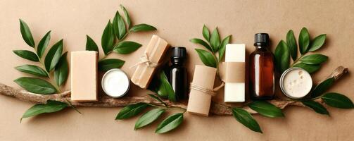 Natural Beauty and Spa Products Arranged with Green Leaves on Neutral Background photo