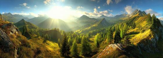 Sunlight Glances Across Mountain Peaks and Forest Landscape Underneath Blue Sky photo