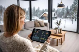 Smart Home Technology Connecting Woman to the Outside Winter Wonderland Through Display photo
