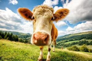 Exploring the Scenic Countryside A Close Look at a Curious Cow on Pasture photo