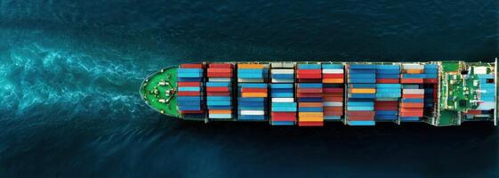 Cargo ship loaded with containers sails on the sea in the distance photo