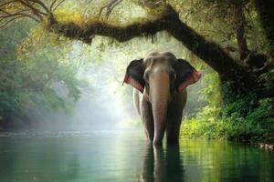 Elephant in Serene Water Peaceful Nature Scene and Lush Green Forest Canopy photo