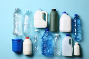 Sustainable Living Recycling Concept Different Types of Plastic Bottles and Containers Top View photo