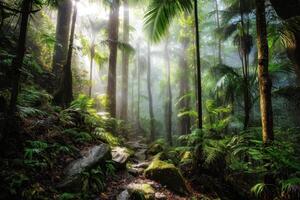 Mystical Forest Trail Sunlight Through Trees Ferns Lush Greenery Serene Environment Nature Exploration photo