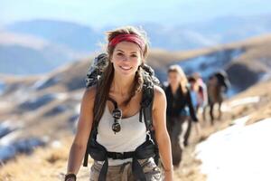 Group of Women Hiking in the Mountains Enjoying the Beauty of Nature Together photo