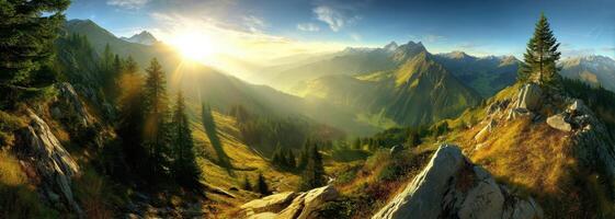 Peaceful Valley with Sunlit Mountain Peaks and Scenic Evergreen Trees Landscape photo