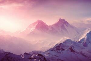 Majestic Mountain Range Covered in Snow Peaks Under a Soft Pink Sky photo