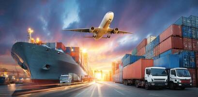 Global Logistics and Transportation Network Showing Ship Airplane and Trucks Under Beautiful Sunset Light photo