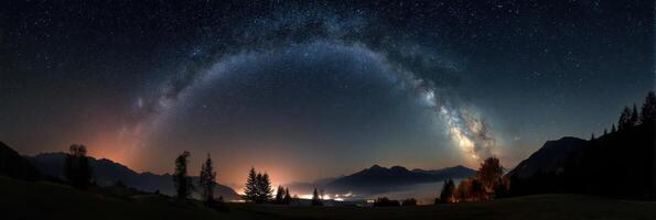 Night Sky Landscape with Visible Milky Way and Buildings in the Distance photo
