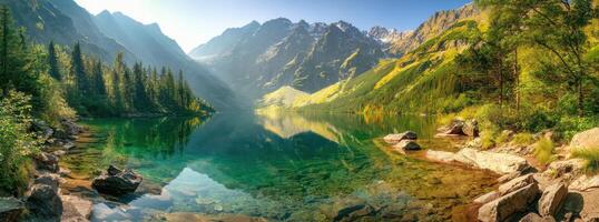 Reflections on a Calm Lake Surrounded by Majestic Mountains and Forest Scenery photo