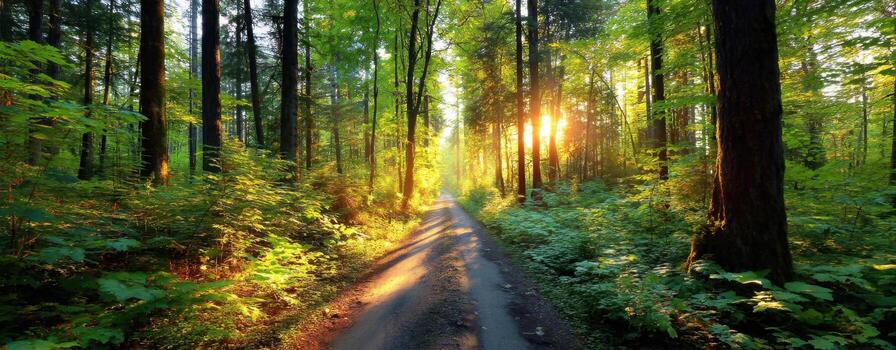 Beautiful Forest Landscape With Sunlight Piercing Through the Tall Trees Branches and Leaves photo