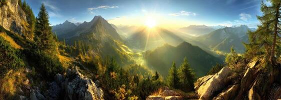 Peaceful Morning Sun Shines Over Majestic Mountains Green Forests and Rocky Cliffs photo