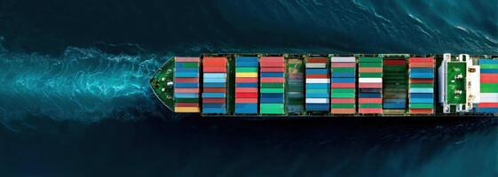 Aerial View of a Large Container Ship Sailing on a Blue Ocean Surface photo