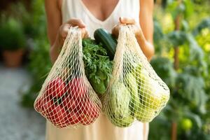 Eco Friendly Groceries and Reusable Shopping Bags Reduce Environmental Impact and Waste photo