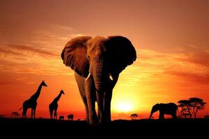 Wildlife of the African Savannah Majestic Elephants and Graceful Giraffes at Sunset photo