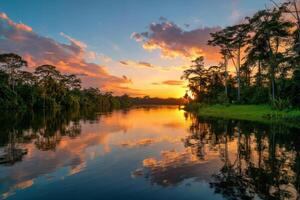 Exploring the Untouched Beauty of the Amazon Rainforest and its River at Sunset photo