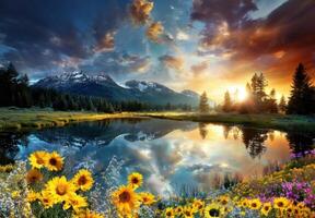Serene Lake View with Sunflowers and Mountains a Peaceful Nature Landscape photo