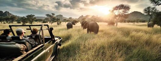 African Safari Adventure People in Open Jeep Vehicle Exploring Elephants in Natural Habitat photo