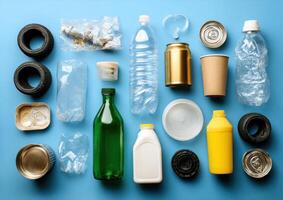 Different Types of Waste Materials Ready for Recycling on a Blue Background photo